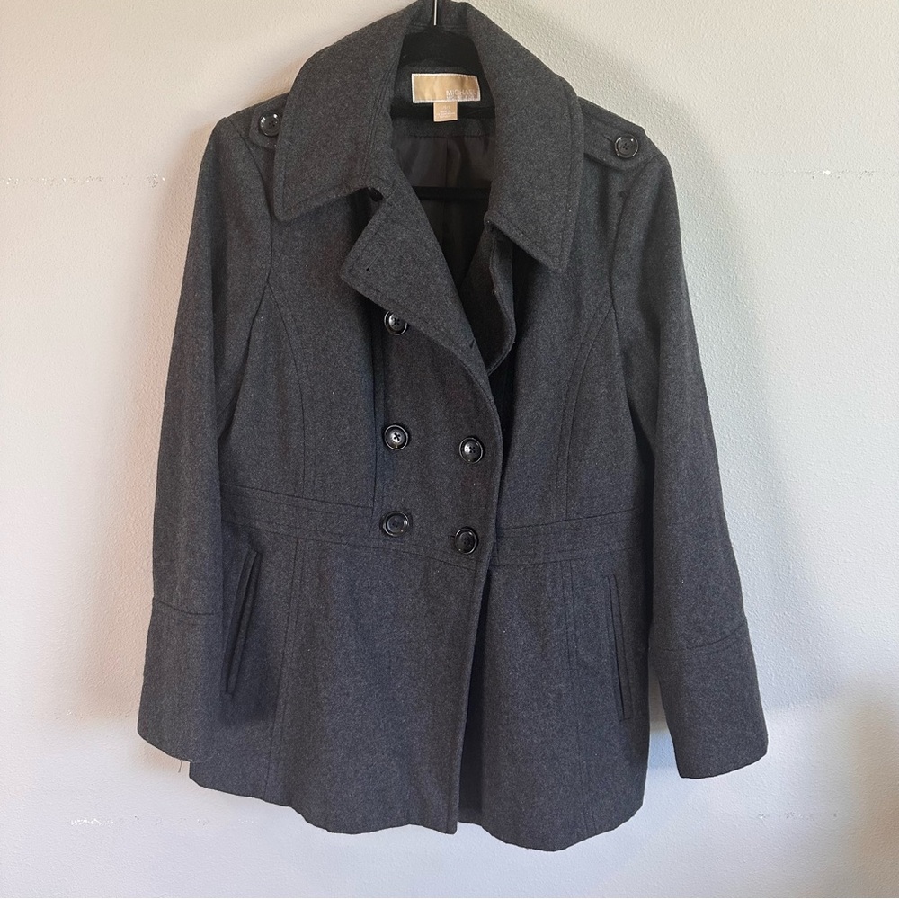 Michael Kors Womens L Charcoal Grey Wool Blend Double Breasted Peacoat